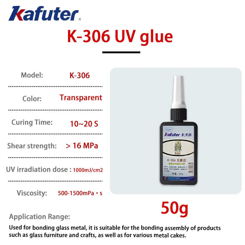 Adesivo UV Kafuter K-300 K-302 K-303 K-306, Colla Trasparente per Vetro, Acrilico e Cristallo, per Riparazioni Fai-da-Te, 50g