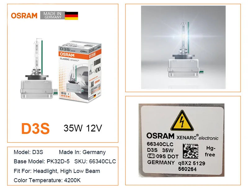 OSRAM D1S D2S D3S D4S D8S D2R D 66140 66240 66340 66440 CLC CLASSIC Pezzo di ricambio originale 4200K HID Lampadina Xenon Bianco Auto Faro