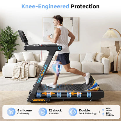 Treadmill Pieghevole FT71 4.0HP, Pedana da Camminata con Inclinazione Automatica del 24%, Macchina da Corsa con APP, Ricarica Wireless, Display LED, Capacità 150KG