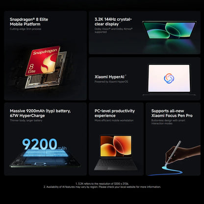 Xiaomi Pad 8 Pro Versione Globale, Tablet con display da 11.2 pollici 3.2K 144Hz, processore Snapdragon 8-core ® Mi Pad 8 Elite con fotocamera posteriore da 50MP e batteria da 9200mAh