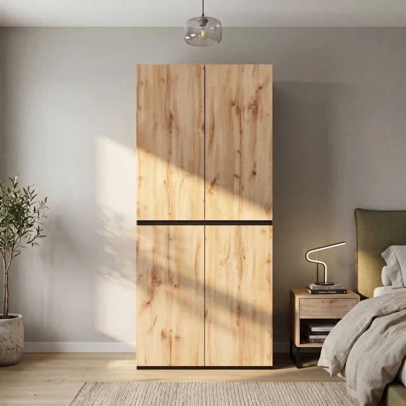 Armadio moderno 90x200 cm con cassetto per gioielli, 4 ante, 1 binario, 3 cassetti, finitura in rovere/bianco, armadio alto per camera da letto, corridoio, ufficio, mobile contenitore in MDF