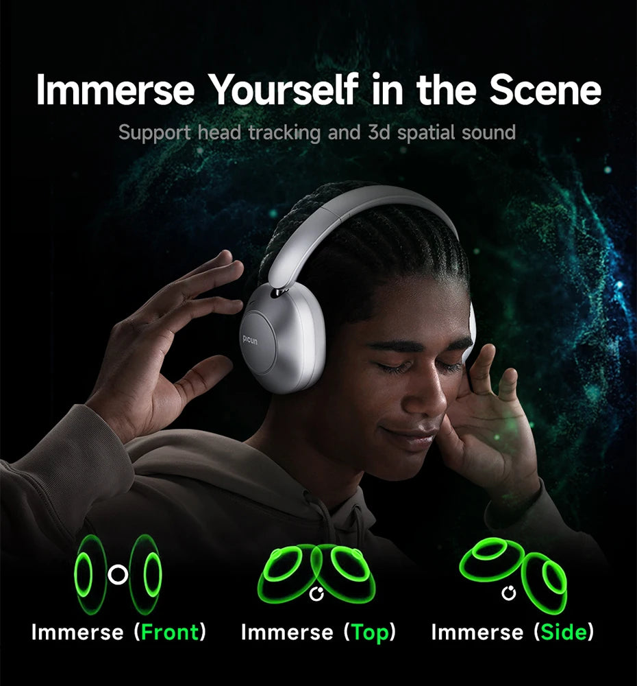 Picun F6 Cuffie wireless con cancellazione attiva del rumore Monitoraggio della testa Audio 3D 40mm Cuffie Bluetooth ANC ad alta risoluzione Controllo APP HIFI