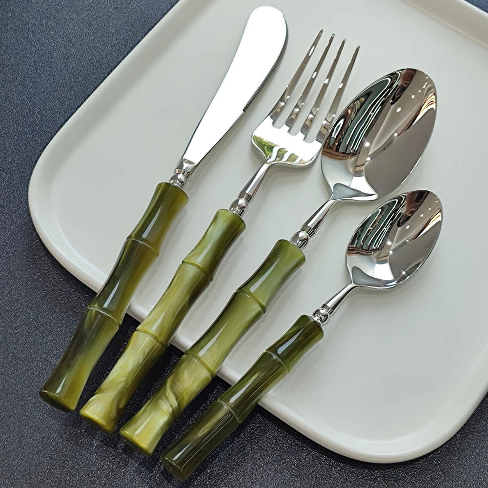 Nuovi posate in resina stile bambù 18/10 in acciaio inossidabile 304 posate classiche set di stoviglie argento blu verde crema trasporto di goccia