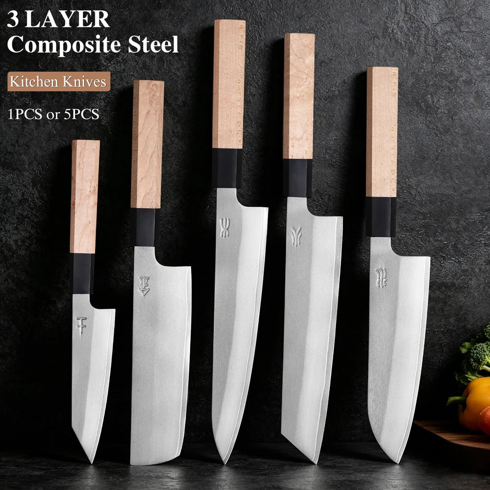Set di coltelli da cucina in stile giapponese da 1 o 5 pezzi, coltello da chef in acciaio inossidabile composito a 3 strati, Nakiri Santoku, utensili da cucina multiuso