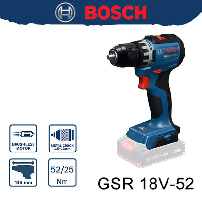 Trapano Elettrico Bosch GSR18V-52, 52Nm, Resistente e Robusto con Mandrino in Metallo per Avvitamento e Foratura di Alta Qualità