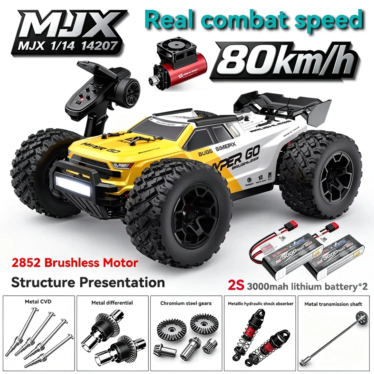 Auto RC MJX Hyper Go 14207 Brushless, Scala 1/14, 2.4G 4WD, Elettrica ad Alta Velocità, Fuoristrada, Telecomando, Monster Truck per Bambini