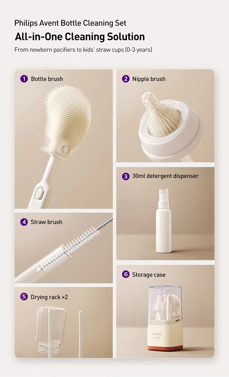 Set per la Pulizia dei Biberon Avent Include Spazzola per Biberon, Spazzola per Tettarelle, Pulitore per Cannucce, Scolapiatti e Scatola Portaoggetti Senza BPA