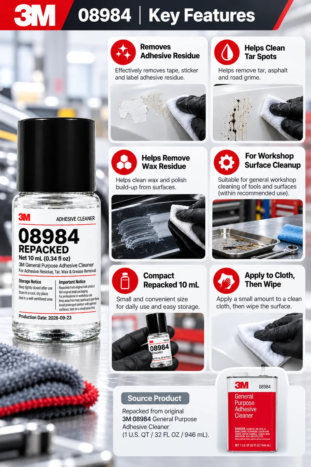 3M 08984 Detergente Rimuovi Adesivi 10mL Ricompresso, Rimuovi Residui di Colla, Adesivi, Catrame, Cera e Grasso per Officina di Detailing Auto
