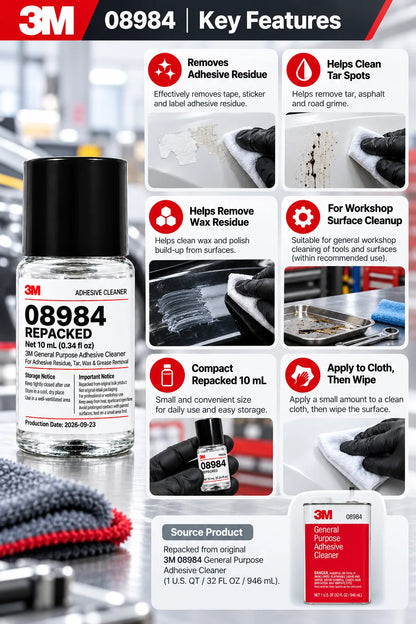3M 08984 Detergente Rimuovi Adesivi 10mL Ricompresso, Rimuovi Residui di Colla, Adesivi, Catrame, Cera e Grasso per Officina di Detailing Auto