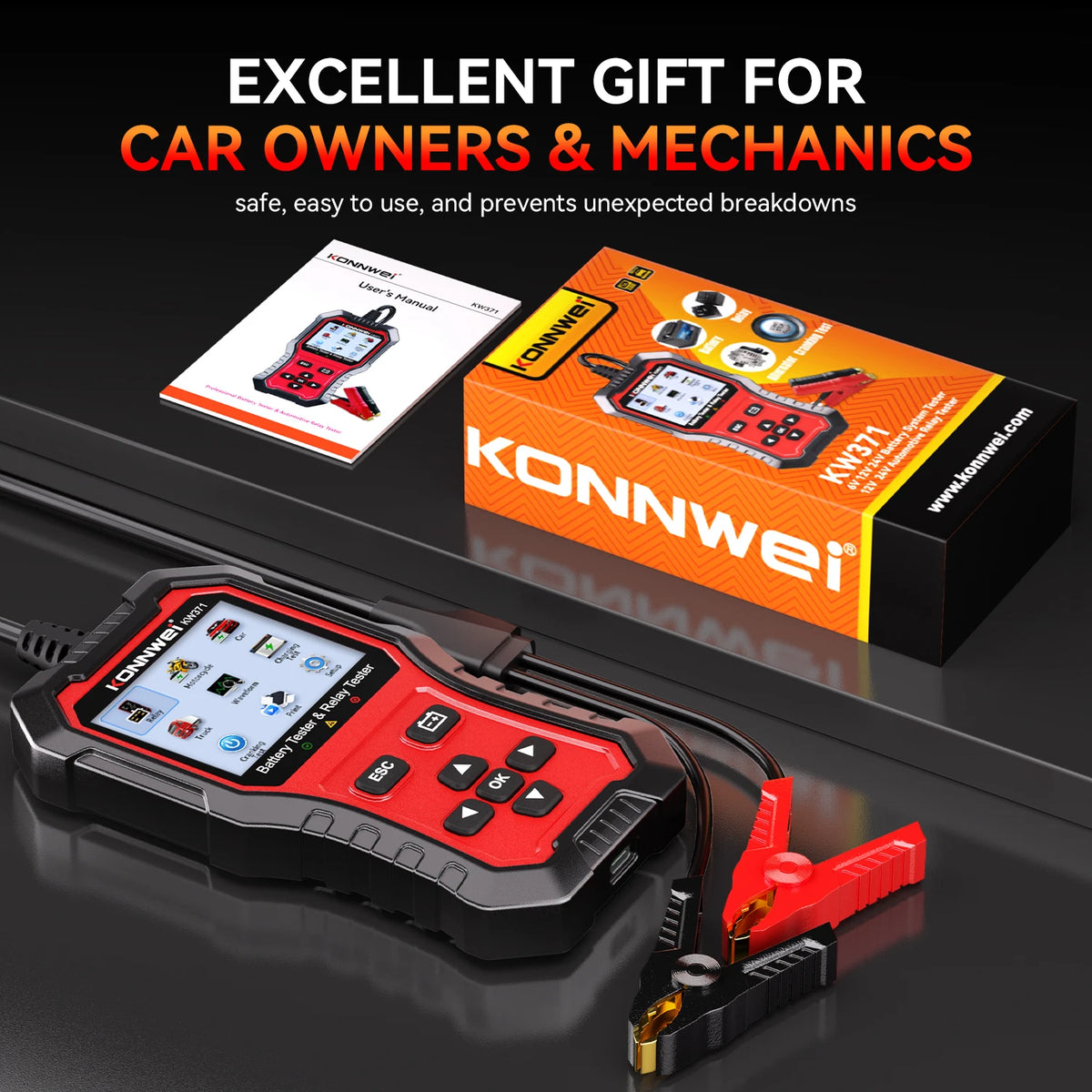 Tester Batteria Auto 2in1 KONNWEI KW371 2026 e Tester Relè a 4 Pin 5 Pin 6V 12V 24V con Stampa Dati Guasto, Test Avvio e Strumento di Scansione Ricarica