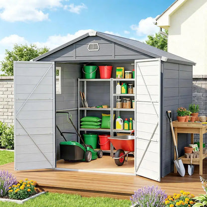 Casetta per attrezzi da giardino con finestra di ventilazione, in plastica e metallo, 240 x 190 x 180/228, Grigio