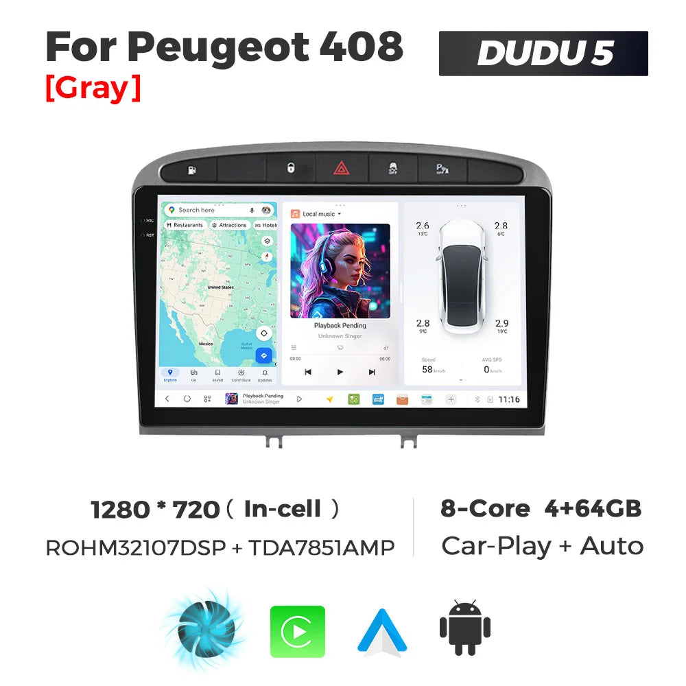 DUDUAUTO 512GB Wireless CarPlay Android Auto Per Peugeot 408 Per Peugeot 308 308SW Autoradio Lettore Multimediale DSP WIFI GPS AMP