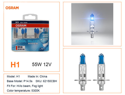 OSRAM H7 H4 H1 H11 HB3 9005 HB4 9006 Lampadina Alogena per Fari Auto, Luce Abbagliante/Anabbagliante 5300K 12V 55W, Bianco Hyper Cool Blue (2 Pezzi)