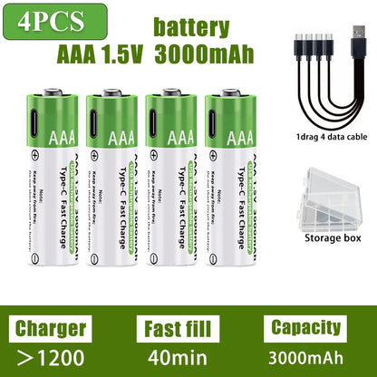 Nuove Batterie al Litio Ricaricabili AA 1.5V 3800mAh + AAA 3000mAh, Ricarica Rapida, 1200 Cicli, con Cavi Gratuiti e Scatola