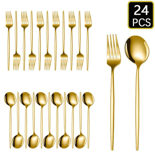 Set di posate in acciaio inossidabile portoghese da 12/24 pezzi, multicolore, con forchette per frutta, cucchiaini da caffè, cucchiai per torta, zuppa e riso, set di posate versatili.