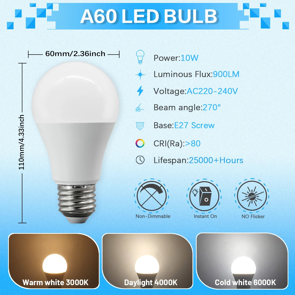 Confezione da 6/8/10 Lampadine LED E27 AC 220V 230V, 90LM/W CRI90 3W-24W, Illuminazione Bianca Calda/Fredda 3000K/4000K/6000K per Uso Domestico