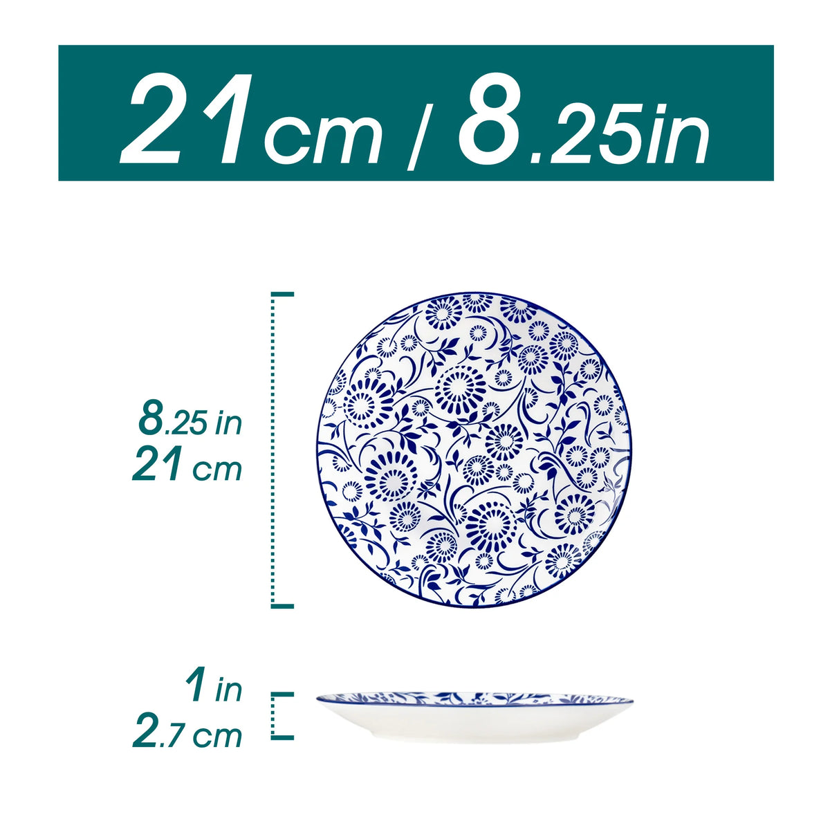 vancasso Selene Piatti da Dessert in Porcellana, Diametro 21 cm, Adatti per Microonde e Lavastoviglie, Design Vintage in Blu/Bianco, Set di 4