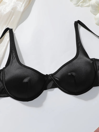 Set di Lingerie di Lusso in Raso per Donne, 2 Pezzi, Reggiseno a 3/4 Coperture e Slip, Effetto Seta Lucida, Sexy Set Intimo Nero MR2938