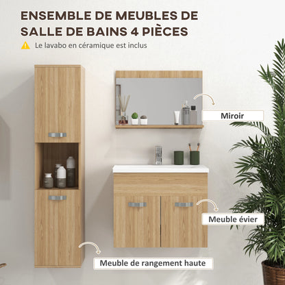 Set da bagno 4 pezzi con mobiletto alto, specchio, lavabo e lavello a parete, finitura naturale