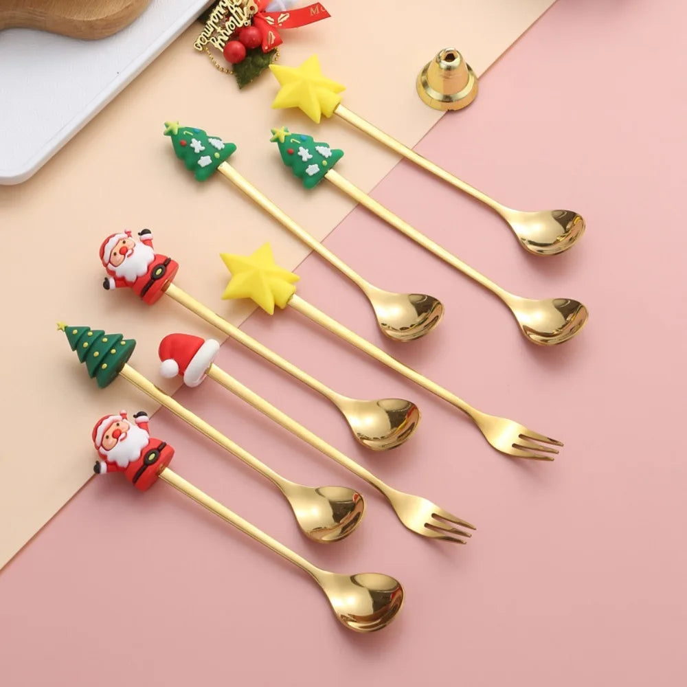 Set cucchiaio e forchetta natalizio in acciaio inossidabile caffè tè utensili da dessert confezione regalo design albero di Babbo Natale facile da pulire     6/4/2/1PZ