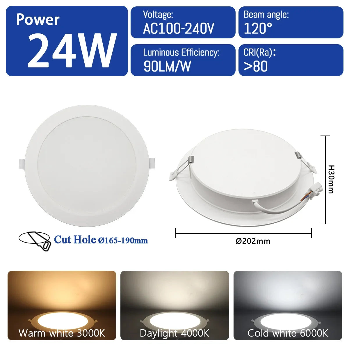 10 pz/lotto LED Pannello Rotondo Da Incasso Lampada 24W 20W 17W 14W 10W 6W AC100-240V 3000K 4000K 6000K Luce Faretto illuminazione per interni