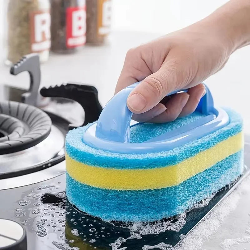 Spazzola per la pulizia della casa con manico, sapone per piatti, spugna abrasiva spessa per bagno, cucina e vasca da bagno, strumenti e accessori resistenti per la casa.