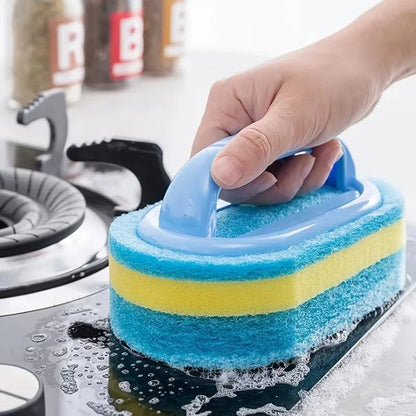 Spazzola per la pulizia della casa con manico, sapone per piatti, spugna abrasiva spessa per bagno, cucina e vasca da bagno, strumenti e accessori resistenti per la casa.