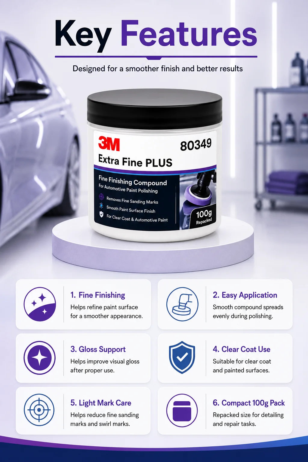 Composto Lucidante Professionale 3M 80349 Extra Fine Plus per Vernice Auto, Rimozione Graffi Sottili, Dettagliatura Finitura Trasparente, 100g Riconfezionato