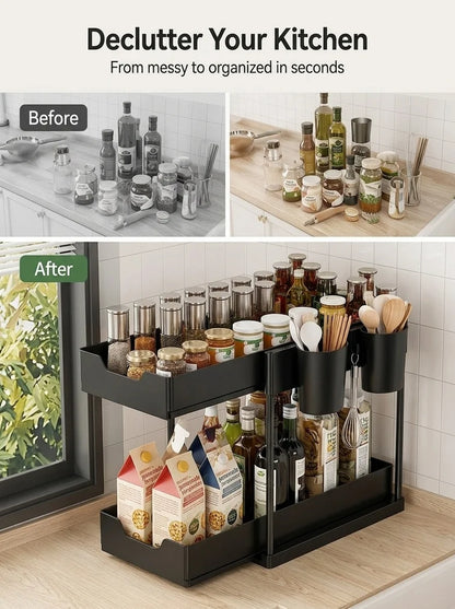 Organizzatore a più livelli estraibile per bottiglie di spezie in cucina, scaffale multifunzionale per l'organizzazione del disordine sotto il lavello del bagno