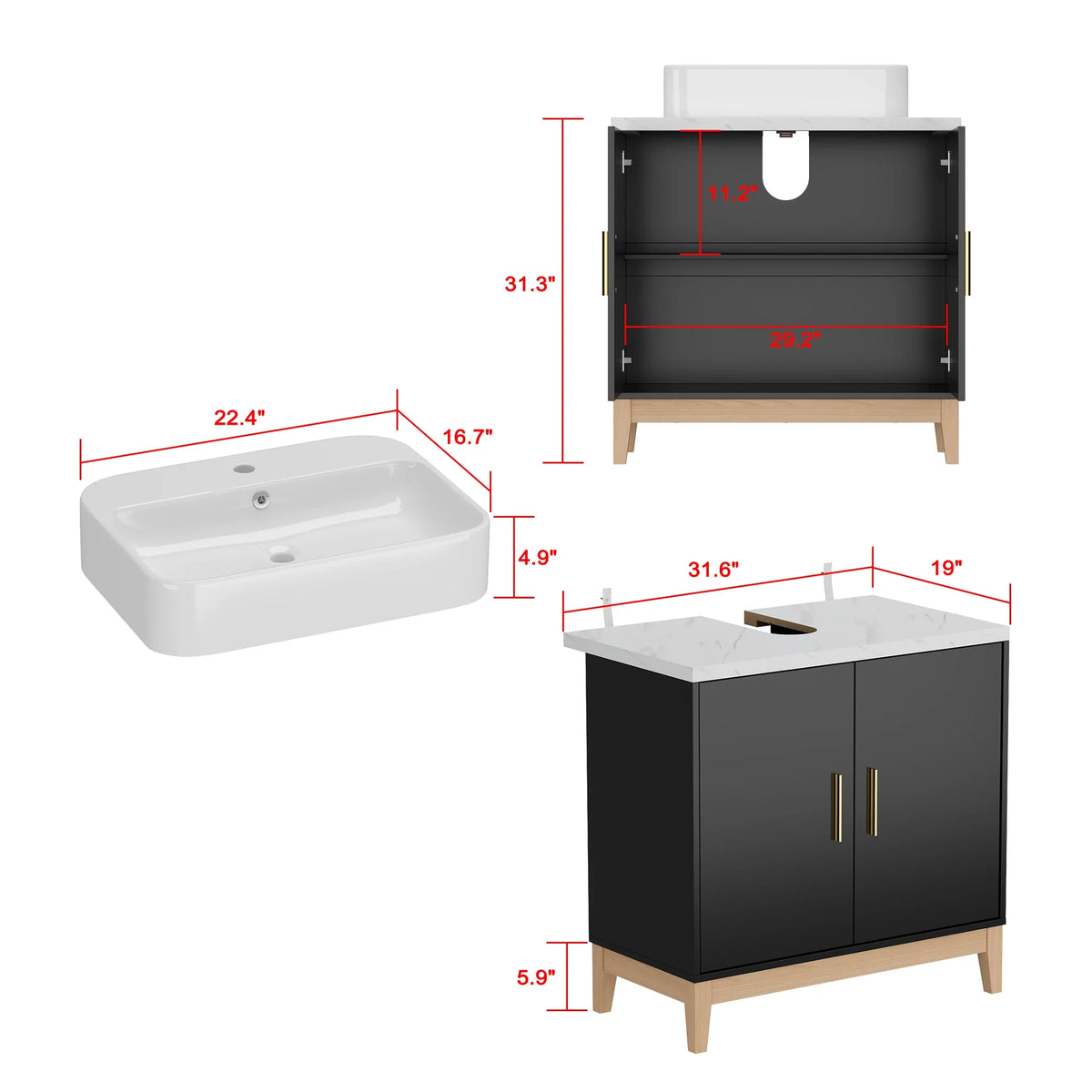 Mobile da bagno moderno con lavabo e 2 ante portaoggetti, mobile lavabo con porta troppopieno e maniglie in metallo, nero