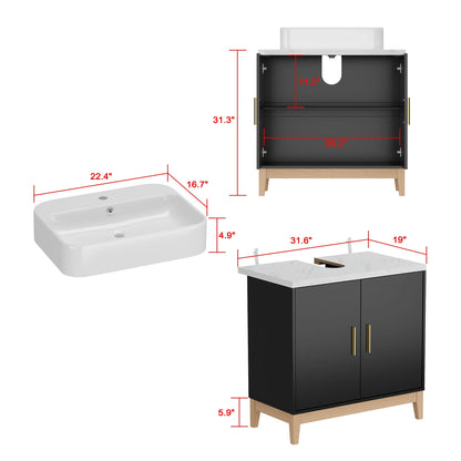 Mobile da bagno moderno con lavabo e 2 ante portaoggetti, mobile lavabo con porta troppopieno e maniglie in metallo, nero