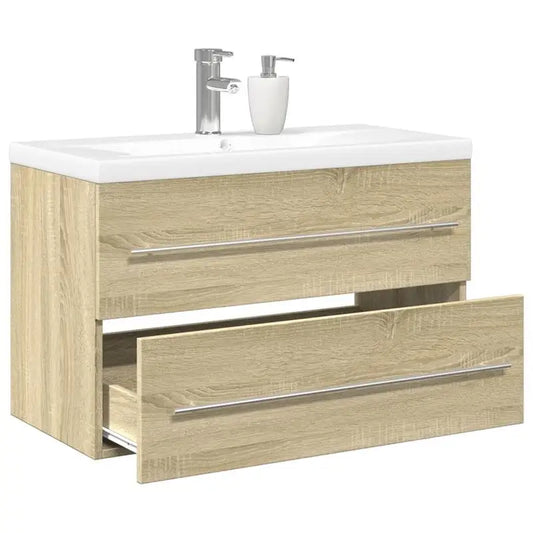 Set di mobili da bagno – mobile in legno con lavabo in ceramica, fissaggio a parete, ampio spazio di archiviazione e superficie resistente all'umidità