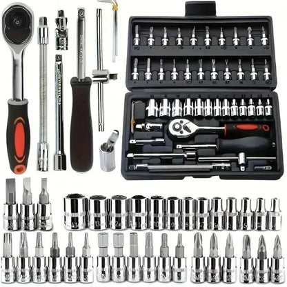 Set di 46 pezzi di chiavi a bussola con cricchetto, in acciaio CR-V, con bussole metriche, punte e prolunghe, per riparazioni auto, fai da te e uso domestico, in valigetta.