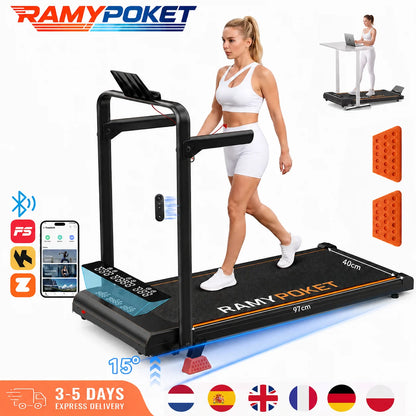 Ramypoket Tapis Roulant Pieghevole con Inclinazione 15%, Tapis Roulant 12Km/H, App/LED, Tapis Roulant da Ufficio, Carico Massimo 150kg