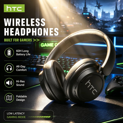 Cuffie da gioco wireless Bluetooth over-ear HTC HP10 pieghevoli HiFi Stereo con 60 ore di riproduzione, bassi profondi, comode e portatili