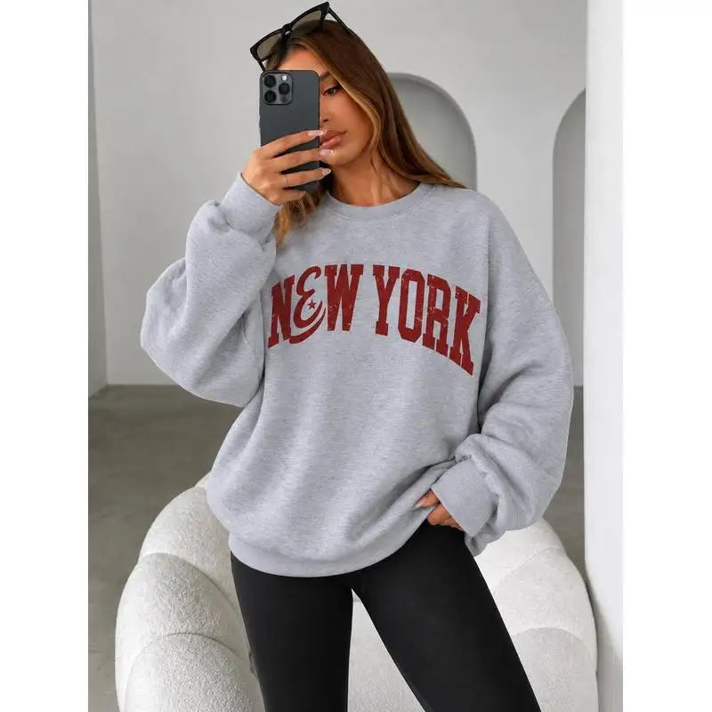 Felpa con stampa a tema New York, felpa da donna con collo alla marinara e fodera in pile, felpe sportive e per il tempo libero, ideali per l’autunno e l’inverno.