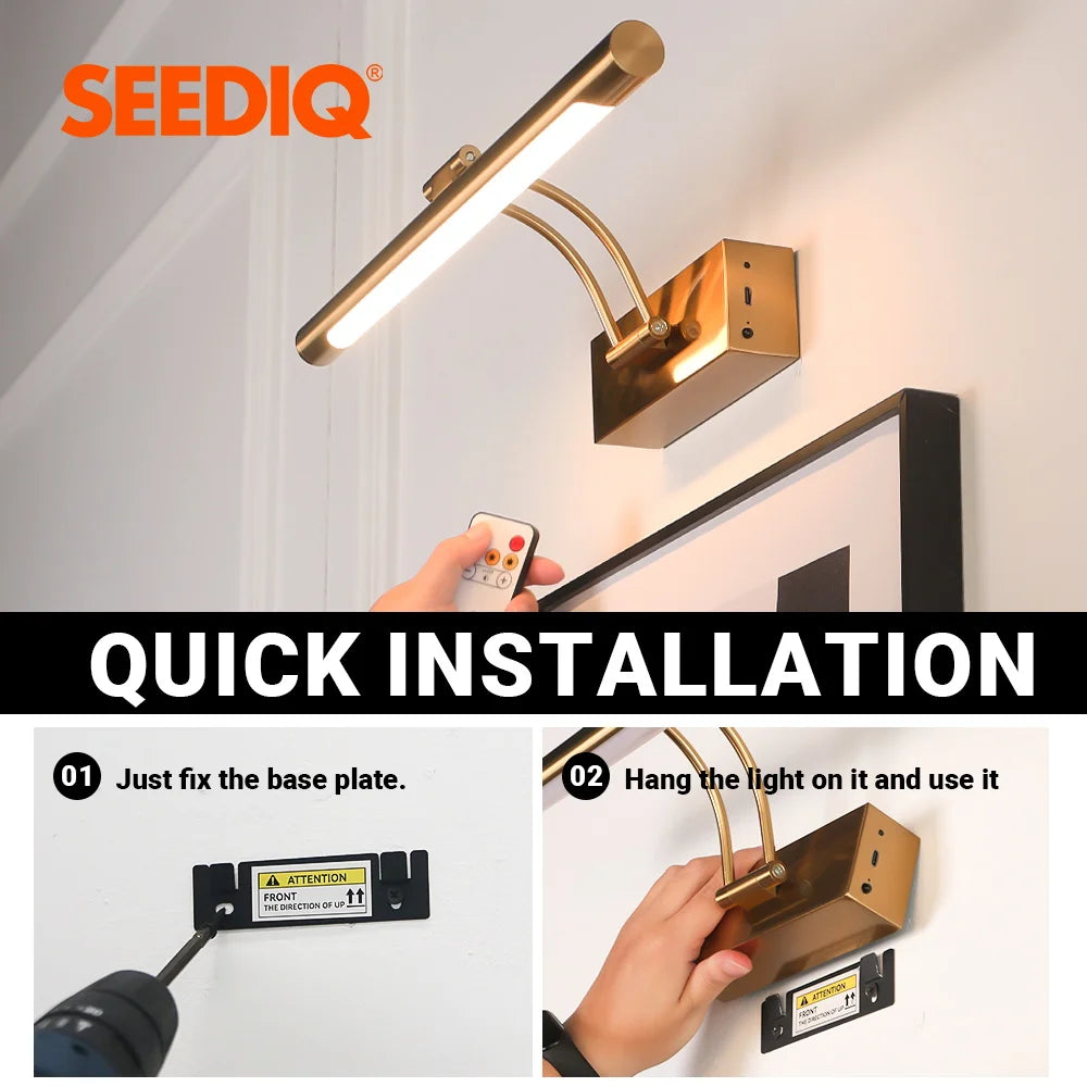 SEEDIQ Lampada da parete a LED ricaricabile in bronzo 4400mAh Batteria a lunga durata 40CM Luce per immagini wireless con telecomando per opere d'arte