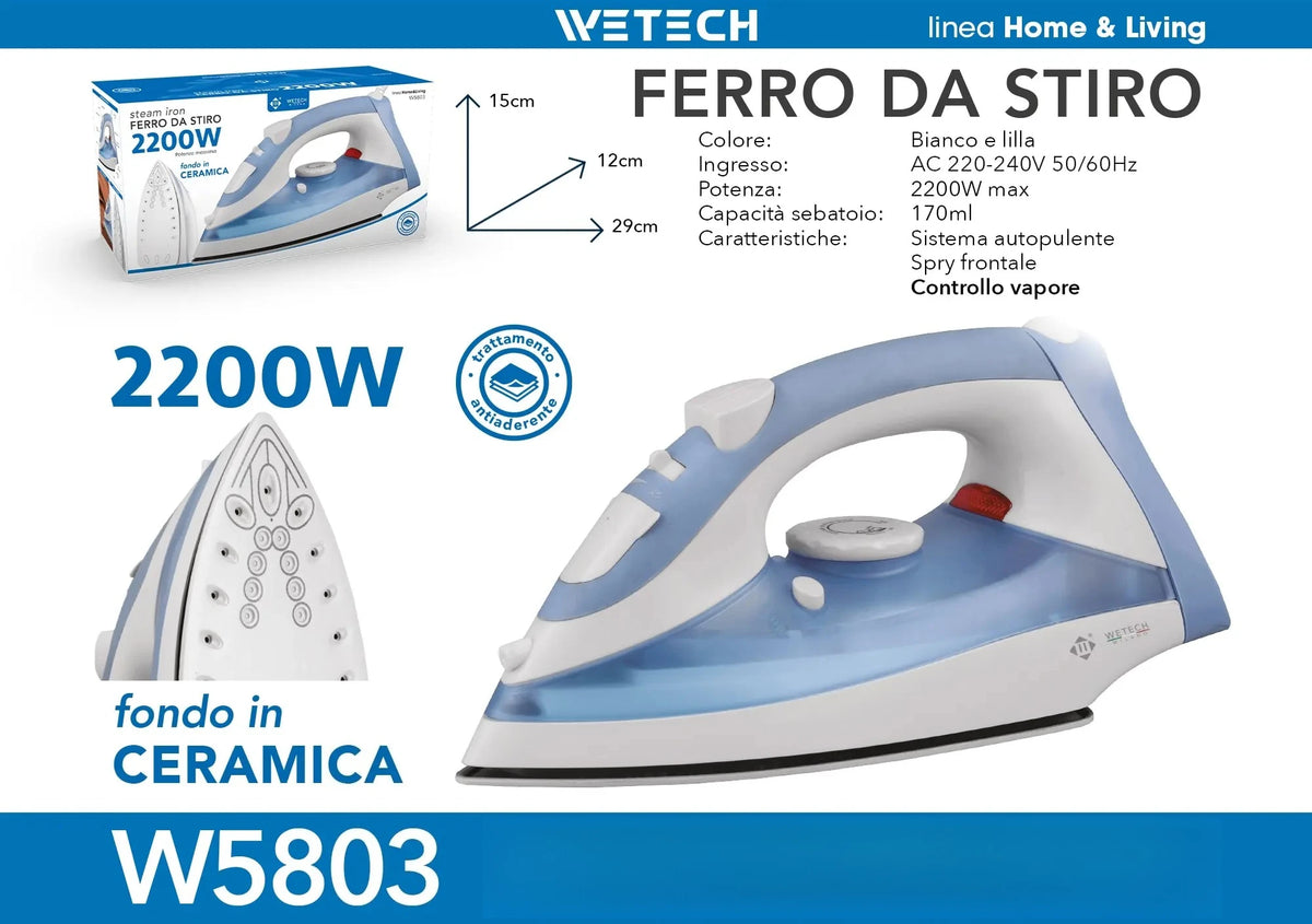 Ferro da stiro elettrico a vapore WETECH, serie W5801‑W5806, potenza massima 1200‑2200W, ideale per la stiratura dei capi, con funzione di autopulizia, controllo del vapore regolabile, piastra in acciaio/ceramica/antisciv