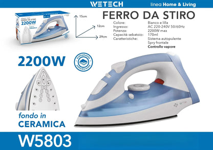 Ferro da stiro elettrico a vapore WETECH, serie W5801‑W5806, potenza massima 1200‑2200W, ideale per la stiratura dei capi, con funzione di autopulizia, controllo del vapore regolabile, piastra in acciaio/ceramica/antisciv