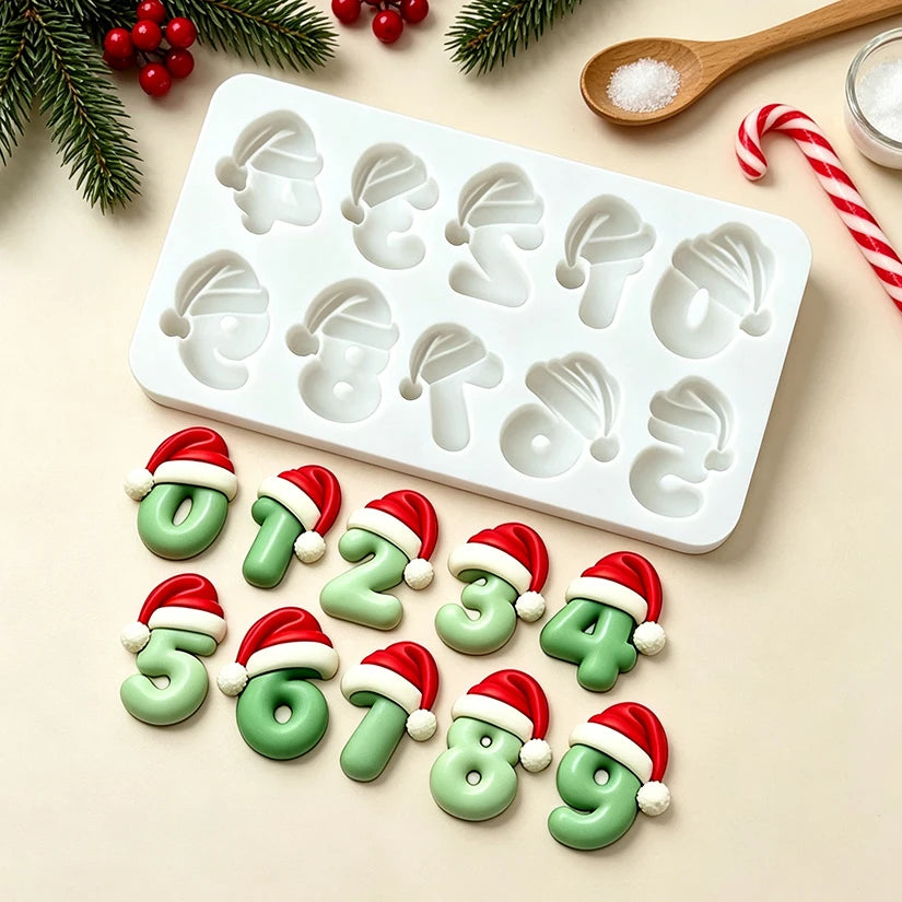 Stampo in silicone a forma di cappello di Babbo Natale con alfabeto e numeri per decorazioni in zucchero, resina, cupcake, pasticceria e decorazione di torte