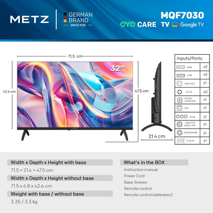 TV Smart LED Metz QLED 32" 40 Pollici Google Tele HDR 10 Audio Dolby Bluetooth 5.1 Sintonizzatore per la Salute degli Occhi 2025 32Mqf7030Z