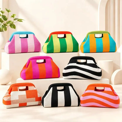 Nuova borsa intrecciata traforata a righe, borsa a mano in maglia, versatile borsa portatile per cosmetici