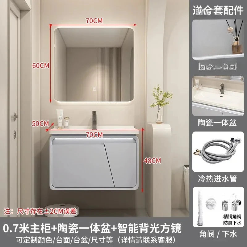 Mobile Bagno Moderno Intelligente con Lavabo Integrato in Ceramica, Armadietti in Rovere, Specchio LED e Mobiletto - Arredamento Bagno