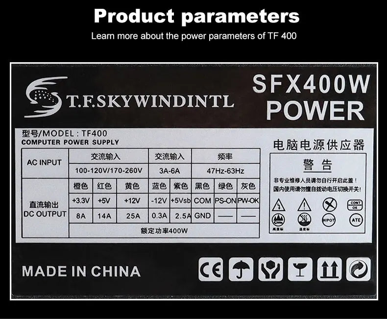 Alimentatore per PC SFX da 400 W Alimentatore da gioco per PC desktop da 400 W SFX400 Piccolo alimentatore 110 V 220 V adatto per computer
