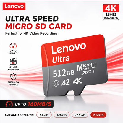 Scheda di memoria Micro SD Lenovo ad alta velocità, disponibile nelle seguenti capacità: 1 TB, 128 GB, 256 GB, 512 GB, compatibile con video 4K Full HD, telefoni, GoPro, droni e action cam.