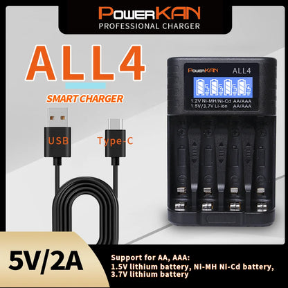 POWERKAN ALL4 AA/AAA Caricabatteria piccolo e conveniente a 4 slot per ioni di litio Hi-MH da 1,2 V e 1,5 V/3,7 V con schermo LCD