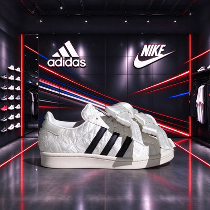 Sneakers bianche vintage Adidas Shell Toe con grande fiocco in raso jacquard goffrato, scarpe casual alla moda JR7977