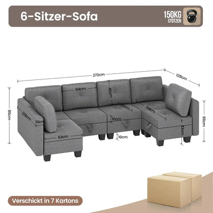 Divano componibile con spazio contenitore, chaise longue trasformabile per soggiorno e camera da letto
