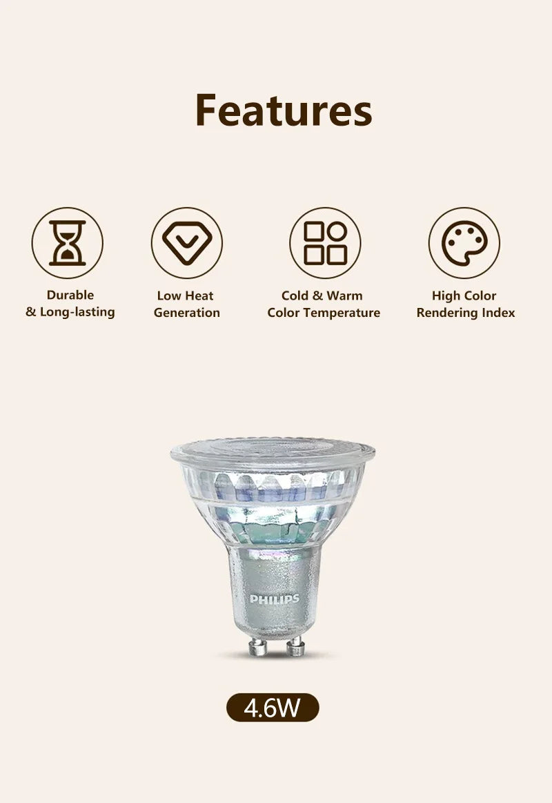 Faretto Philips Essential LED GU10 PAR16 Classic 4,6W (=50W alogeno) 220-240V Lampadine 36 °   Lampade da incasso a LED bianche di grado