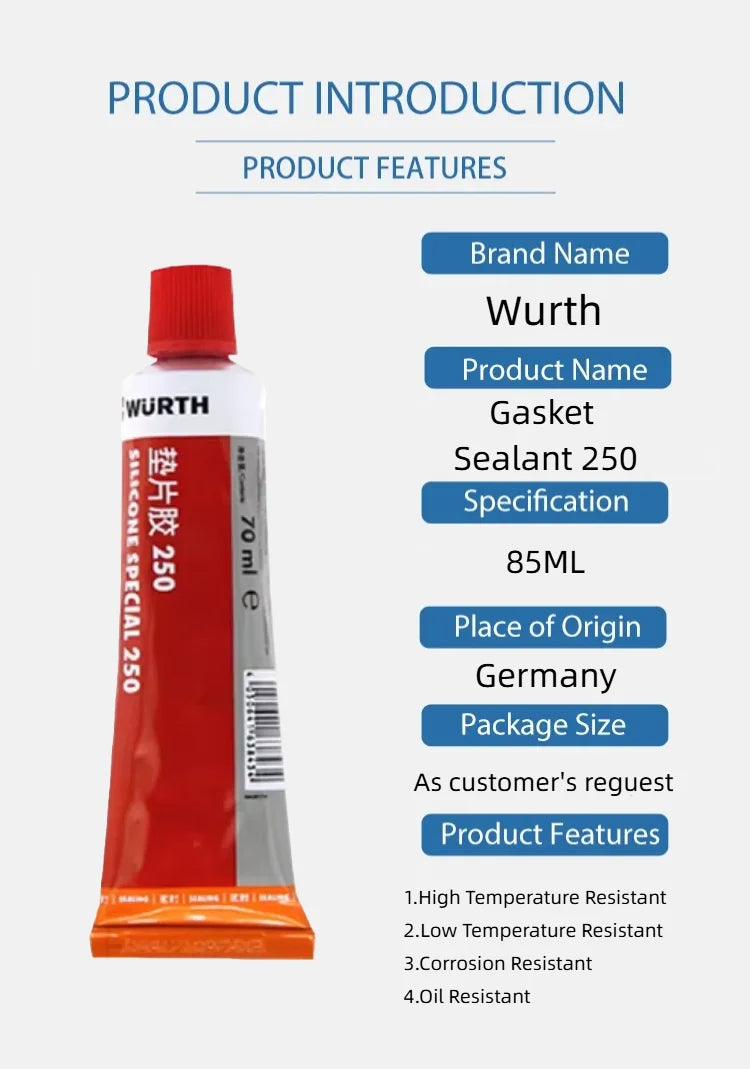 Silicone Speciale Wurth 250 Rosso 70ml RTV Sigillante per Guarnizioni ad Alta Temperatura per Coppa Olio Motore e Coperchio Valvole